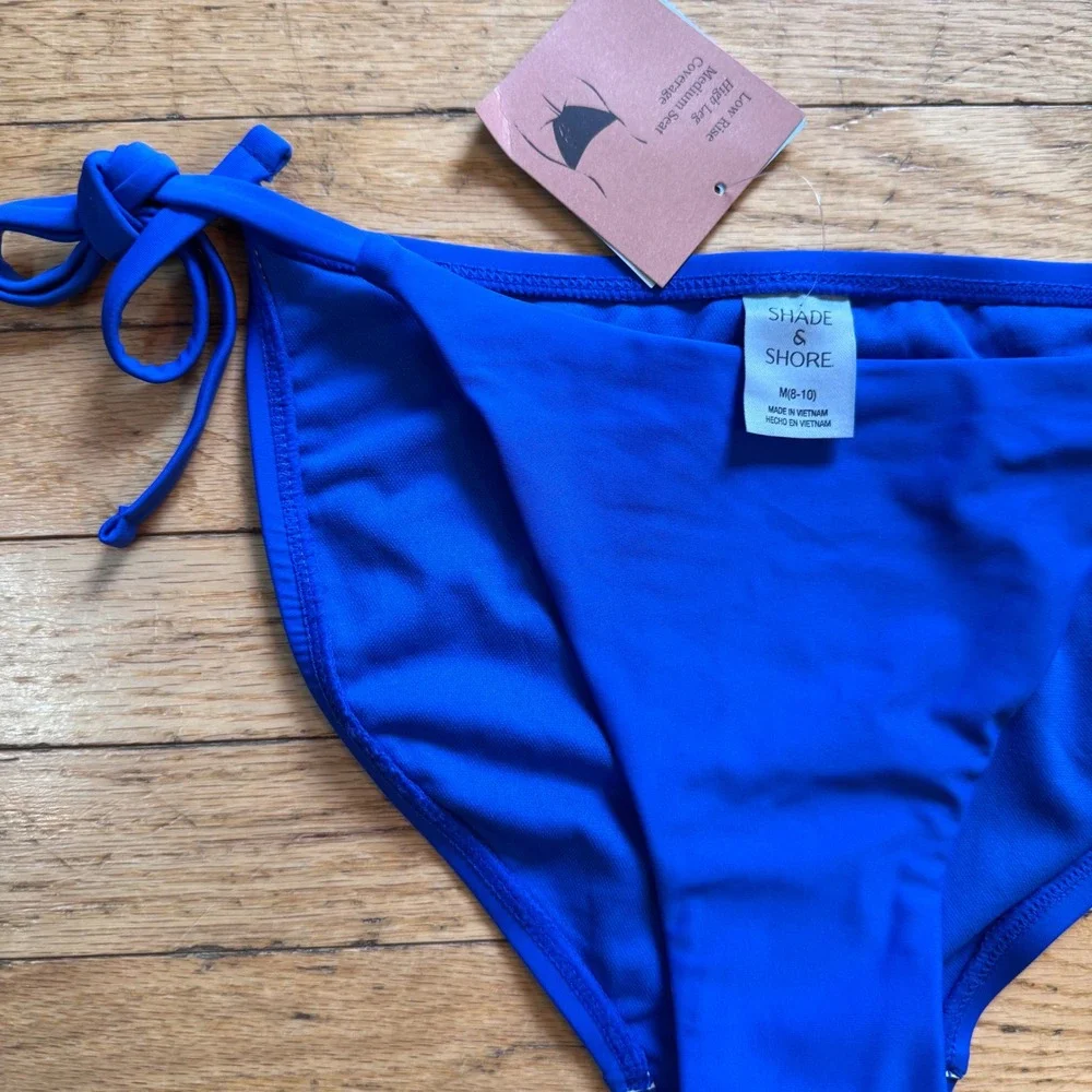 Shade & Shore Blue Tie Side Bikini Bottom Low Rise High Leg Medium Coverage M